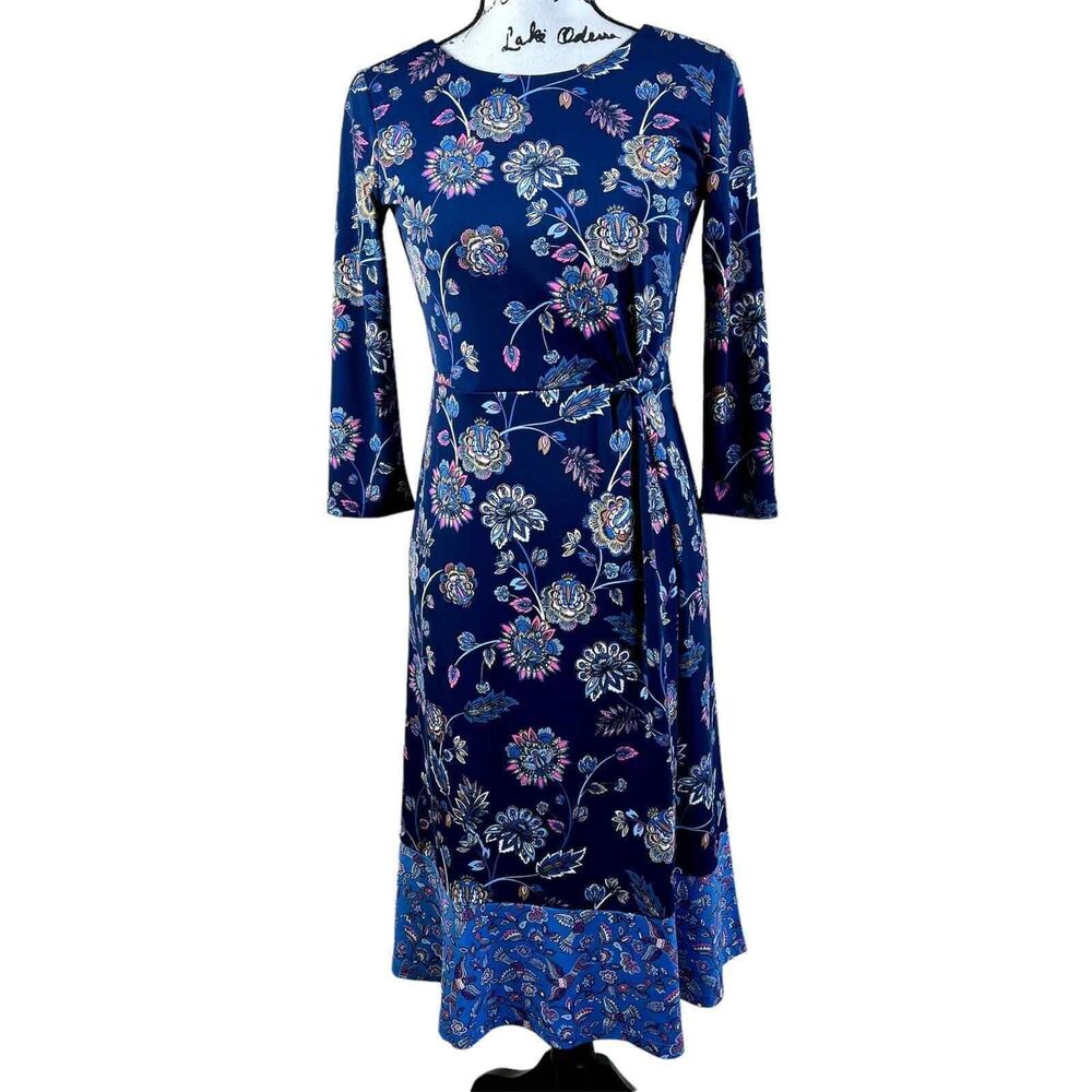 Talbots Midi Dress Blue Floral Print Side Twist Ruched 3/4 Sleeve size 2P